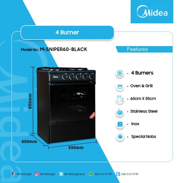 MIDEA 4 BURNER GAS COOKER M SNIPER60-BLACK