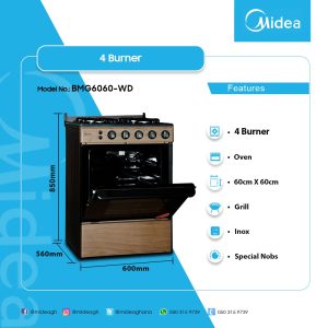 MIDEA 4 BURNER GAS COOKER WITH GRILL BMG6060-WD