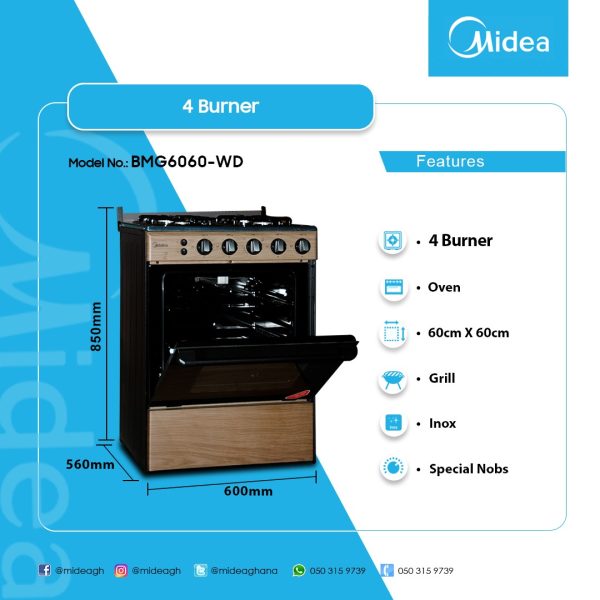 MIDEA 4 BURNER GAS COOKER WITH GRILL BMG6060-WD