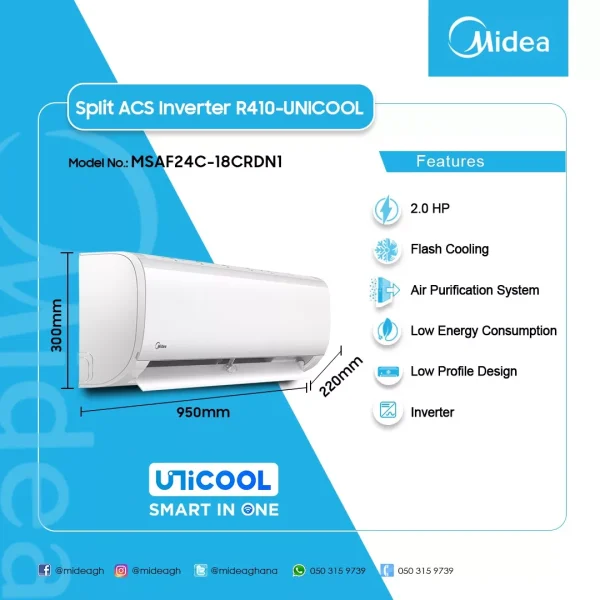 MIDEA SPLIT INVERTER R410 UNICOOL 2.0HP AC MSAF24C-18CRDN1